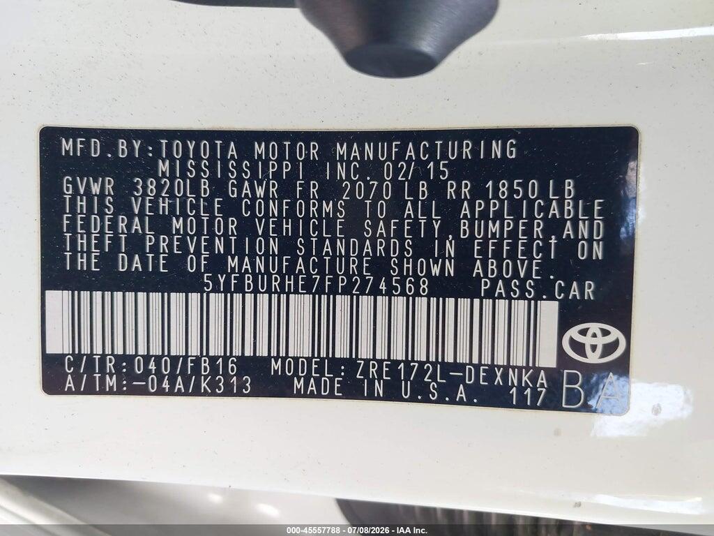 5YFBURHE7FP274568 2015 TOYOTA COROLLA photo no. 9