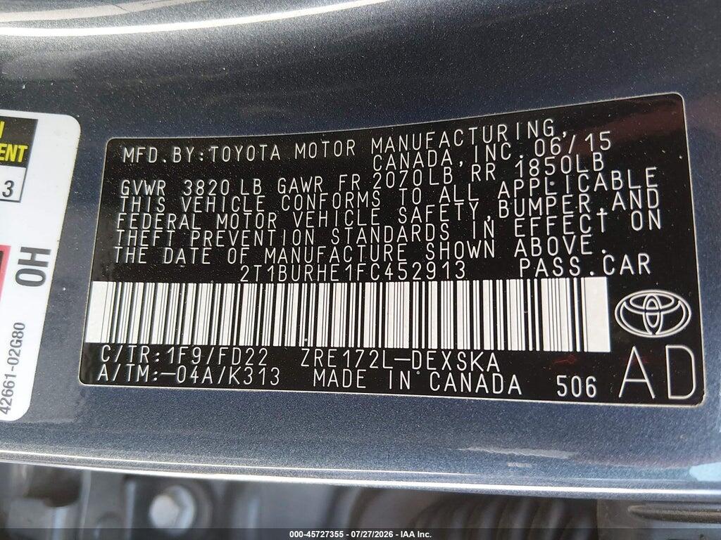 2T1BURHE1FC452913 2015 TOYOTA COROLLA photo no. 9