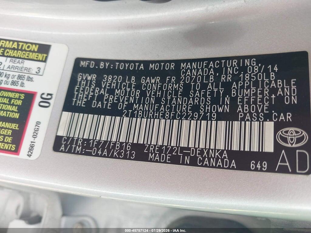 2T1BURHE8FC229719 2015 TOYOTA COROLLA photo no. 9