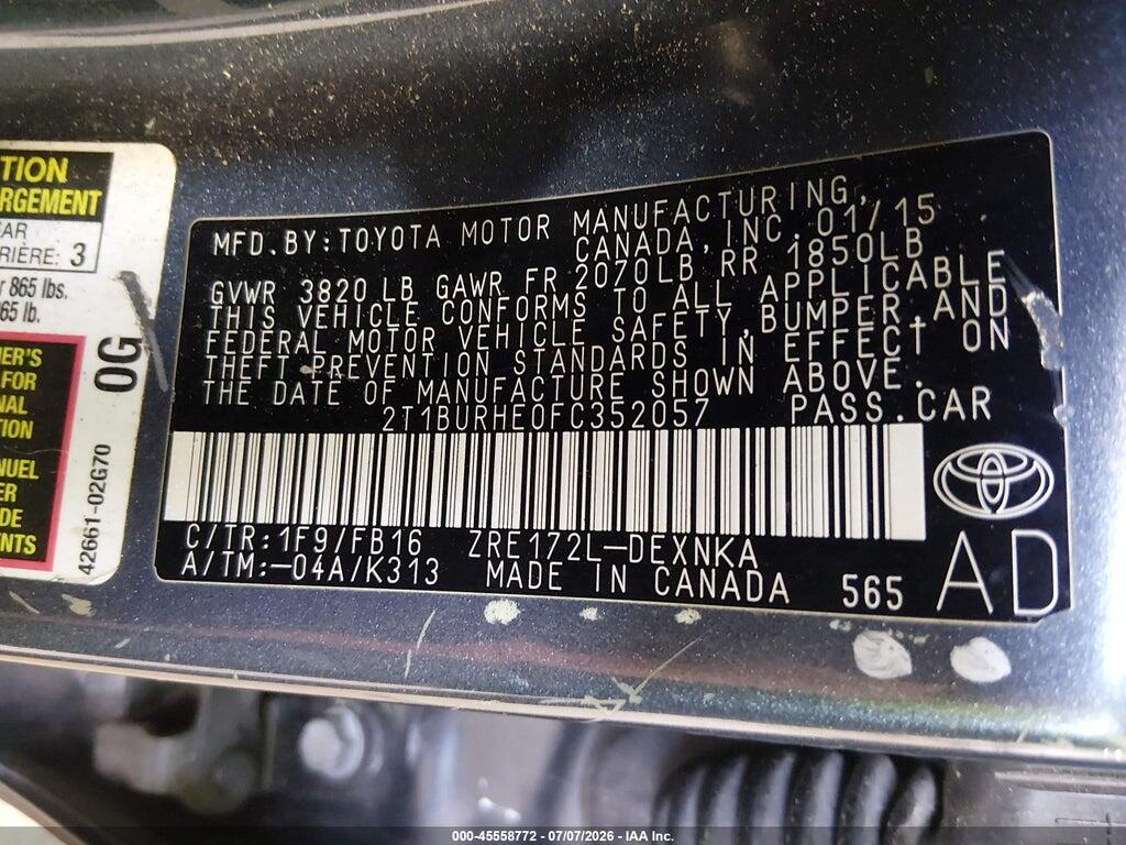 2T1BURHE0FC352057 2015 TOYOTA COROLLA photo no. 9