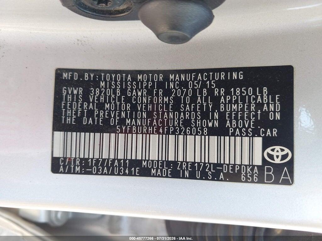 5YFBURHE4FP326058 2015 TOYOTA COROLLA photo no. 9