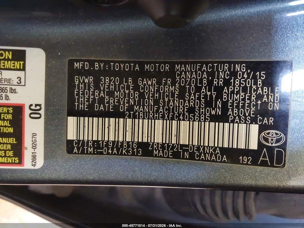 2T1BURHEXFC405685 2015 TOYOTA COROLLA photo no. 9