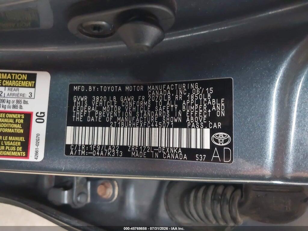 2T1BURHEXFC445071 2015 TOYOTA COROLLA photo no. 9