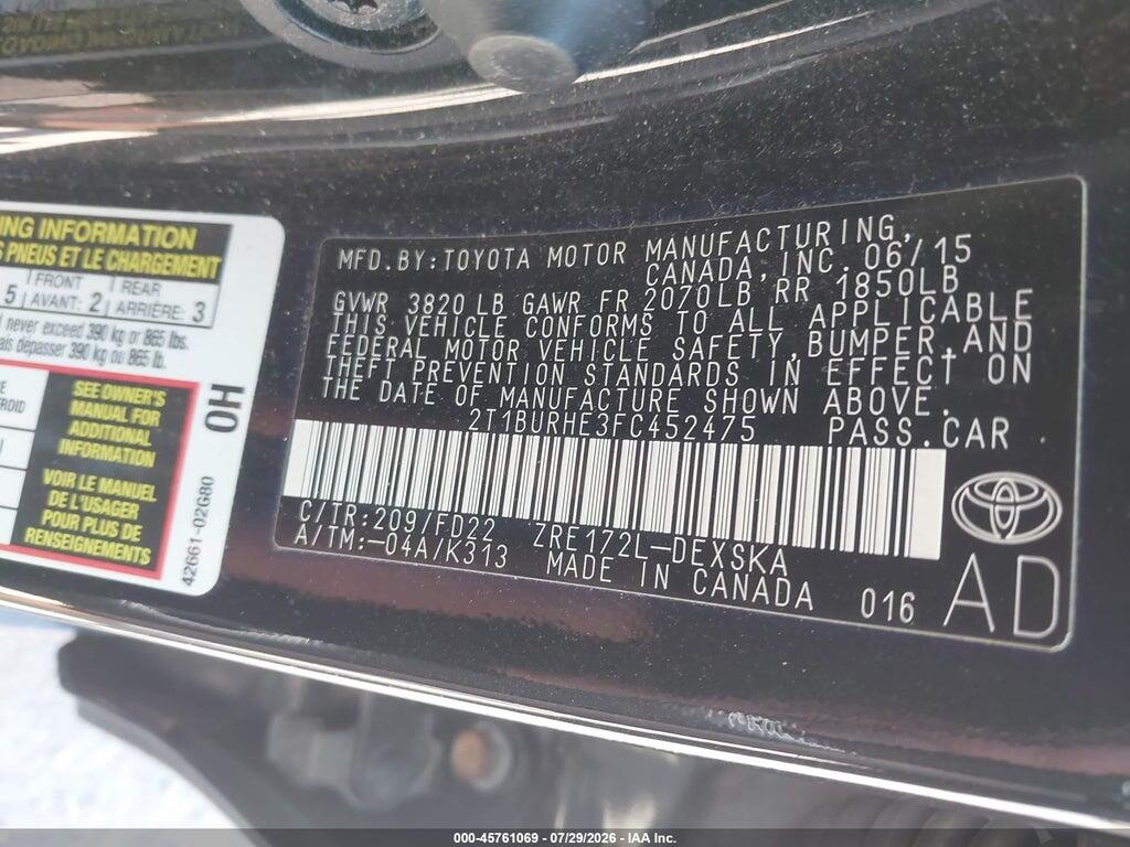 2T1BURHE3FC452475 2015 TOYOTA COROLLA photo no. 9