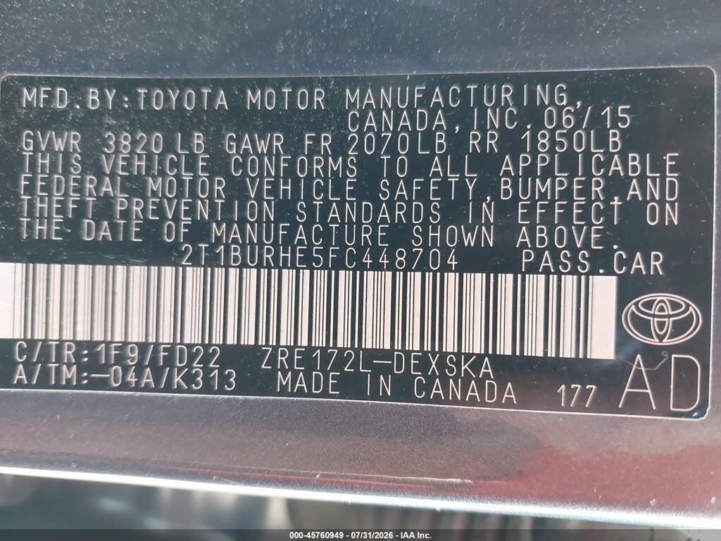 2T1BURHE5FC448704 2015 TOYOTA COROLLA photo no. 9
