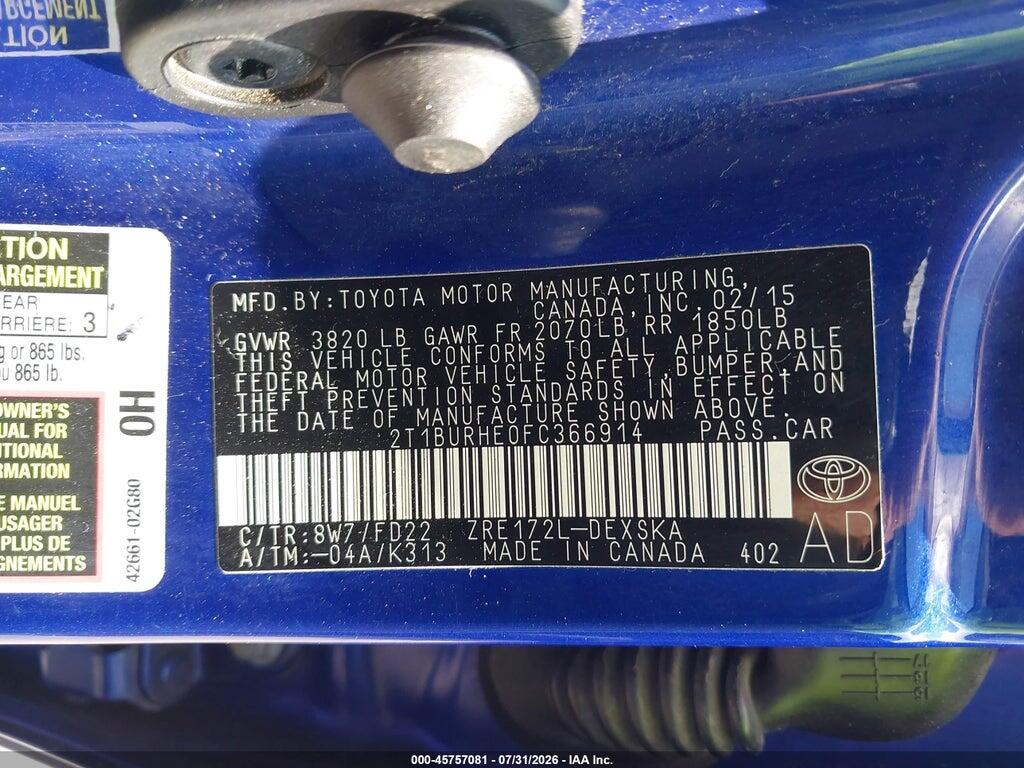2T1BURHE0FC366914 2015 TOYOTA COROLLA photo no. 9