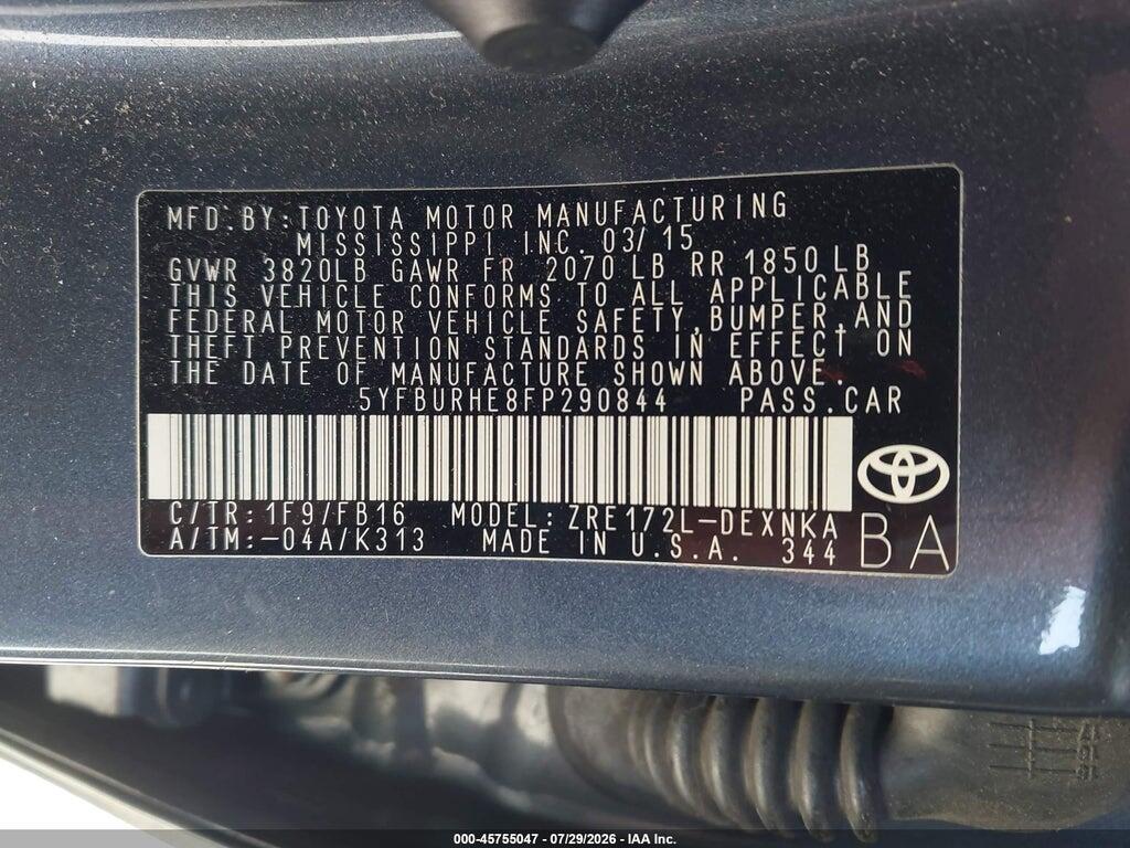 5YFBURHE8FP290844 2015 TOYOTA COROLLA photo no. 9