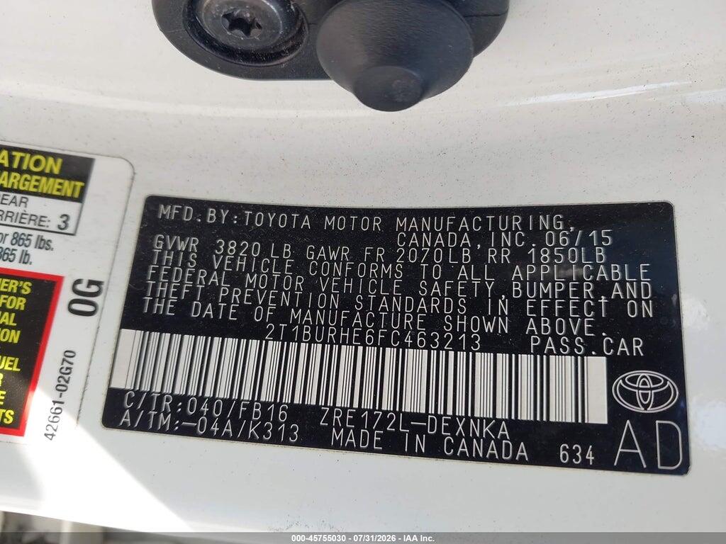 2T1BURHE6FT463213 2015 TOYOTA COROLLA photo no. 9