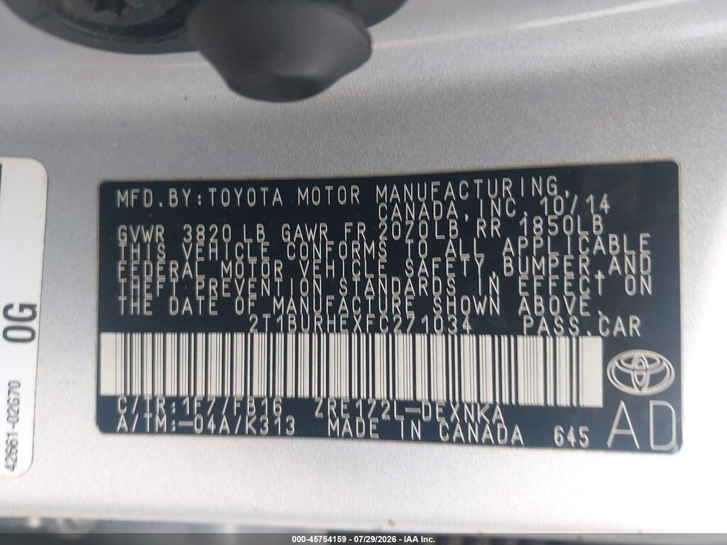 2T1BURHEXFC271034 2015 TOYOTA COROLLA photo no. 9