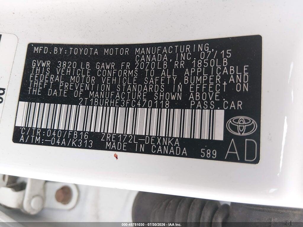 2T1BURHE3FC470118 2015 TOYOTA COROLLA photo no. 9