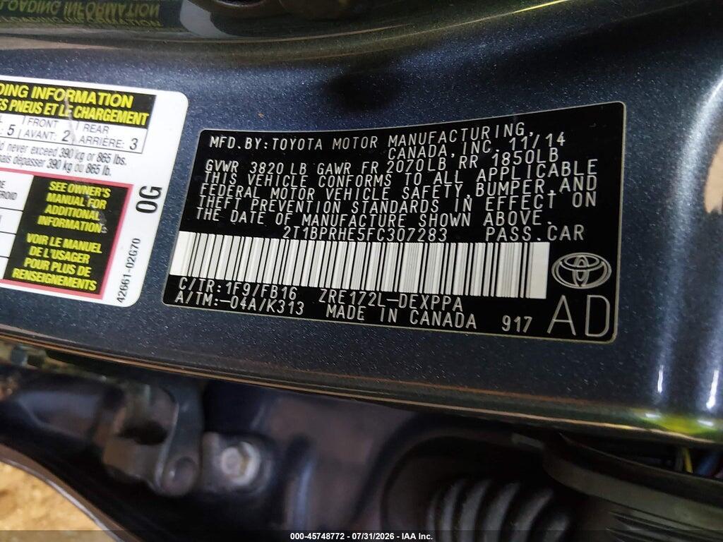 2T1BPRHE5FC307283 2015 TOYOTA COROLLA photo no. 9