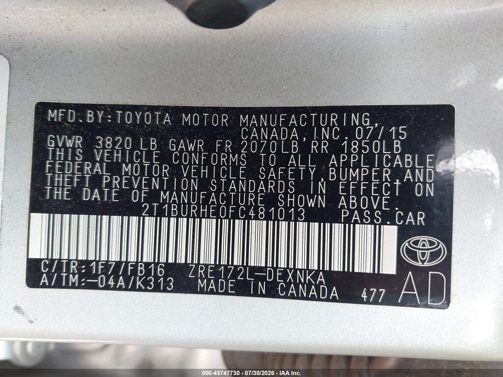 2T1BURHE0FC481013 2015 TOYOTA COROLLA photo no. 9