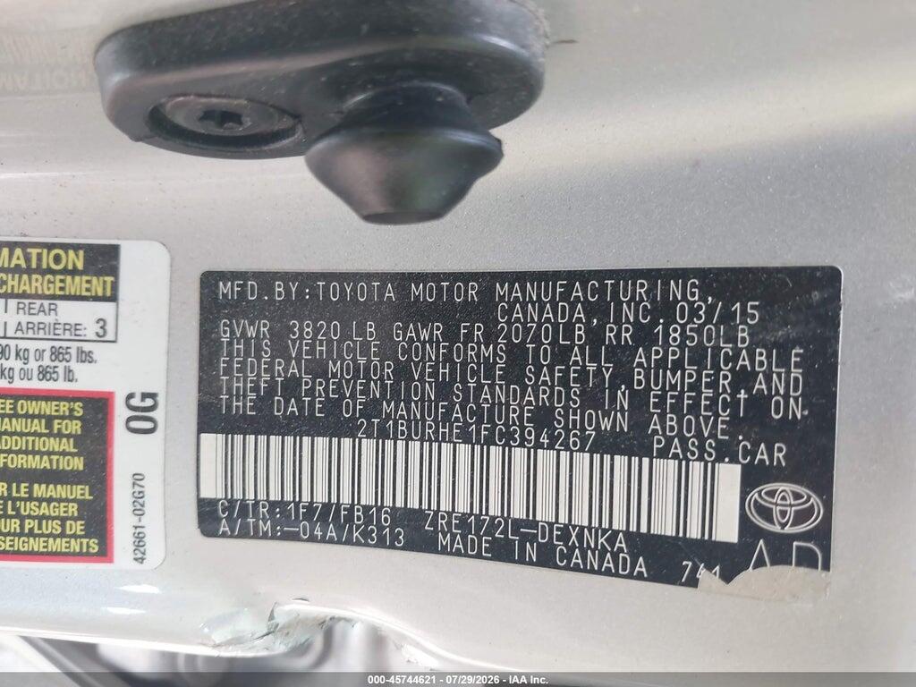 2T1BURHE1FC394267 2015 TOYOTA COROLLA photo no. 9