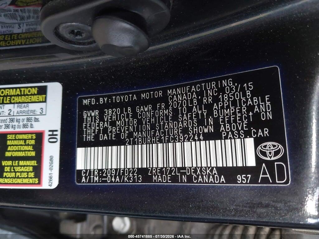 2T1BURHE1FC392244 2015 TOYOTA COROLLA photo no. 9