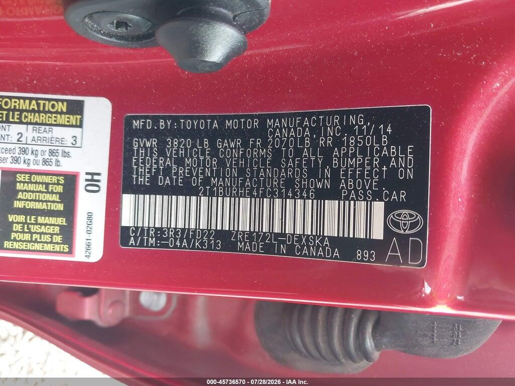 2T1BURHE4FC314346 2015 TOYOTA COROLLA photo no. 9