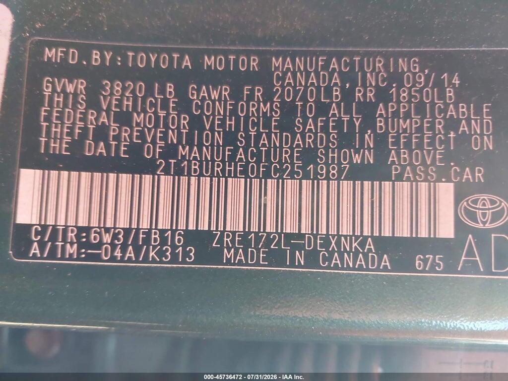 2T1BURHE0FC251987 2015 TOYOTA COROLLA photo no. 9