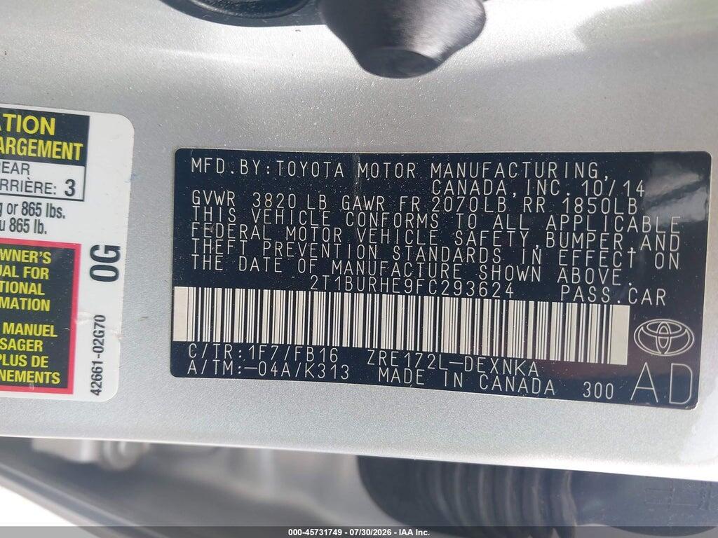 2T1BURHE9FC293624 2015 TOYOTA COROLLA photo no. 9