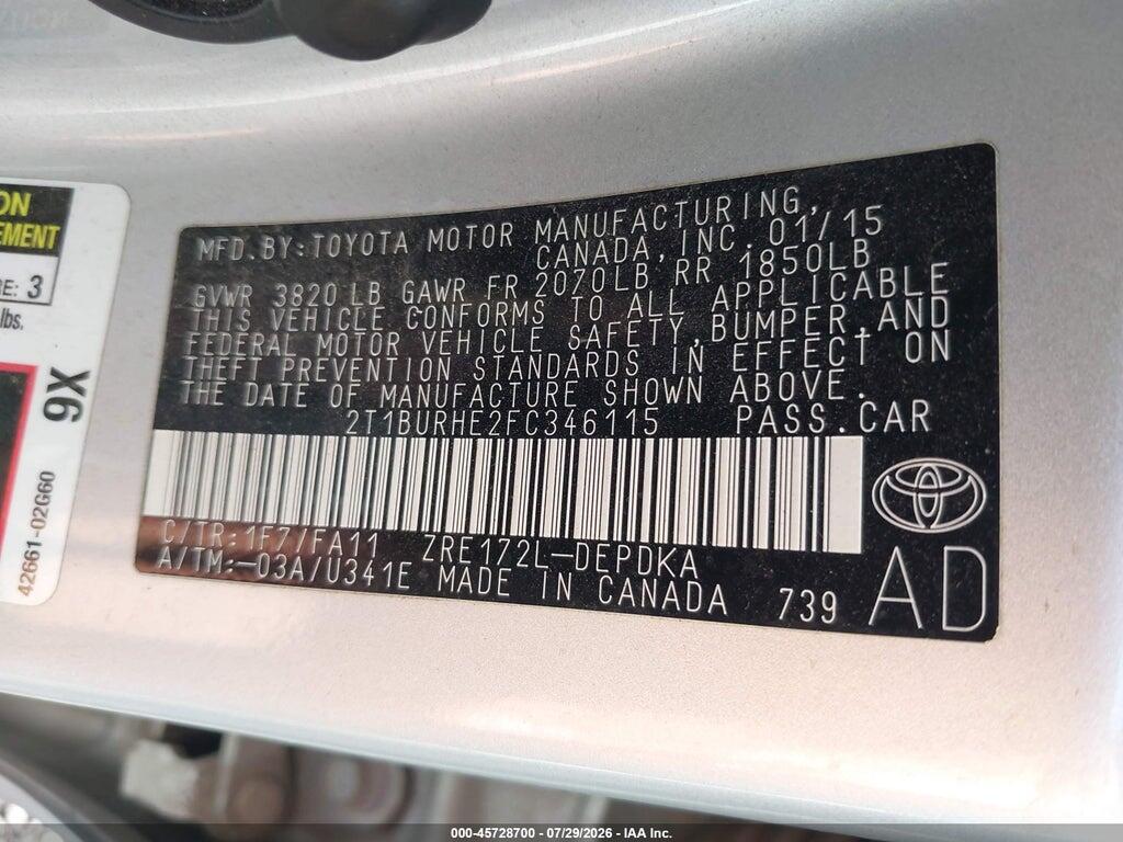 2T1BURHE2FC346115 2015 TOYOTA COROLLA photo no. 9