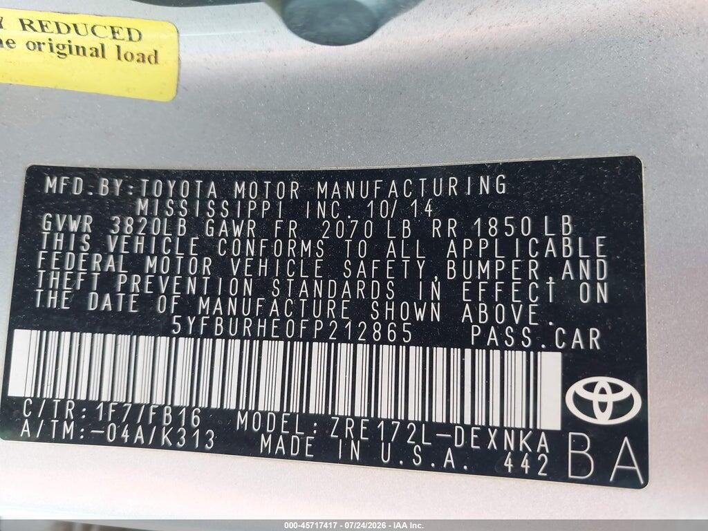 5YFBURHE0FP212865 2015 TOYOTA COROLLA photo no. 9