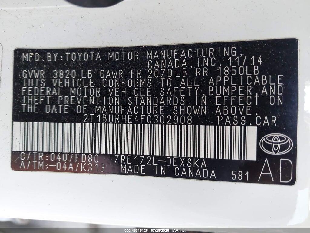 2T1BURHE4FC302908 2015 TOYOTA COROLLA photo no. 9