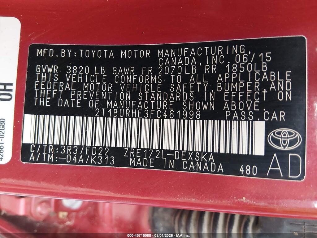 2T1BURHE3FC461998 2015 TOYOTA COROLLA photo no. 9