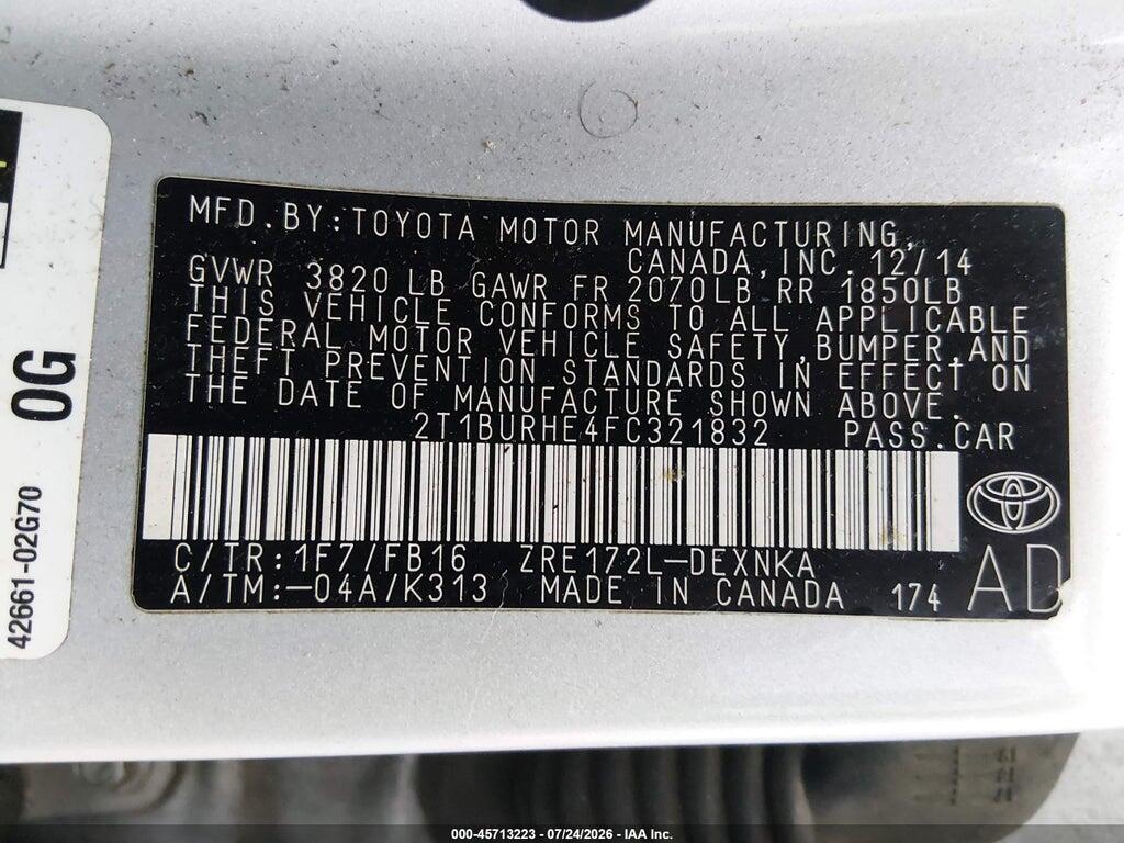 2T1BURHE4FC321832 2015 TOYOTA COROLLA photo no. 9