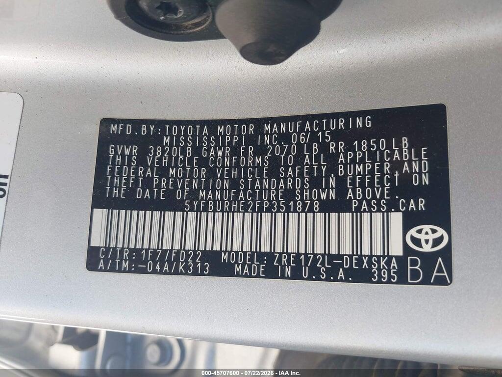 5YFBURHE2FP351878 2015 TOYOTA COROLLA photo no. 9