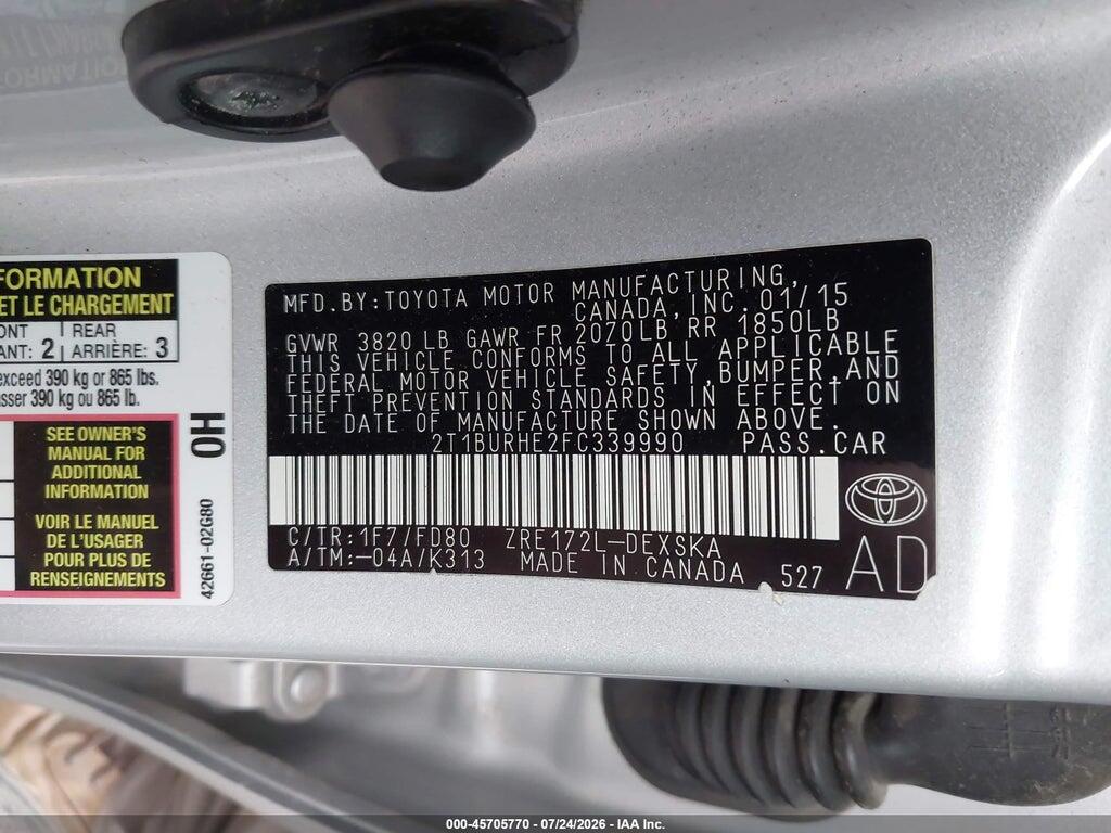 2T1BURHE2FC339990 2015 TOYOTA COROLLA photo no. 9