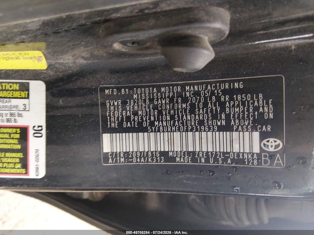 5YFBURHE0FP319639 2015 TOYOTA COROLLA photo no. 9