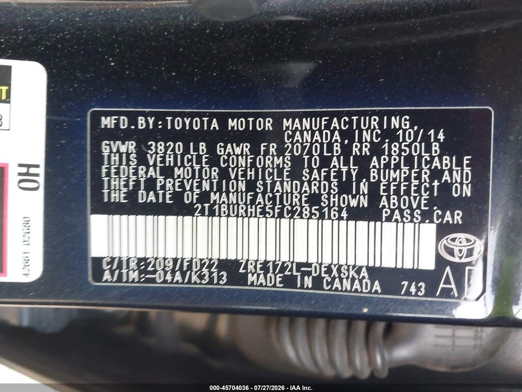 2T1BURHE5FC285164 2015 TOYOTA COROLLA photo no. 9