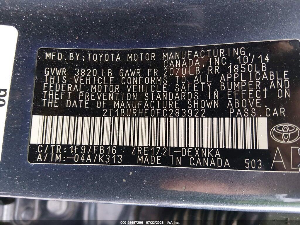2T1BURHE0FC283922 2015 TOYOTA COROLLA photo no. 9