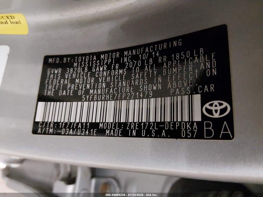 5YFBURHE7FP221479 2015 TOYOTA COROLLA photo no. 9