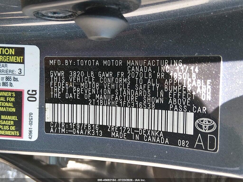 2T1BURHE1FC316538 2015 TOYOTA COROLLA photo no. 9
