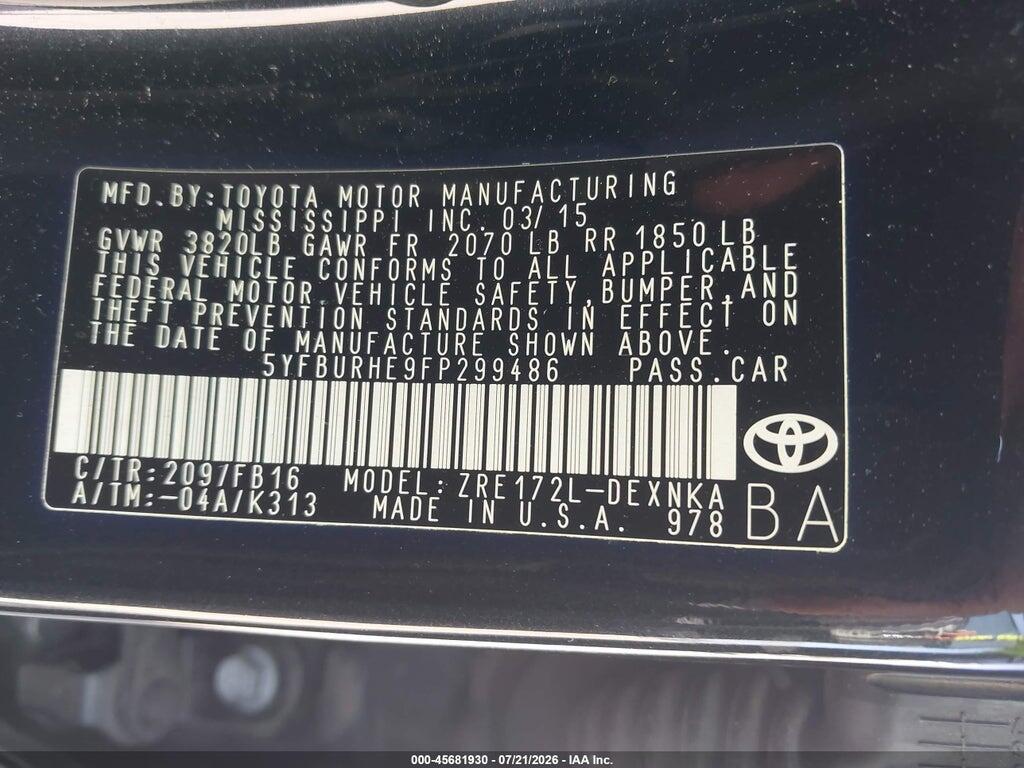 5YFBURHE9FP299486 2015 TOYOTA COROLLA photo no. 9