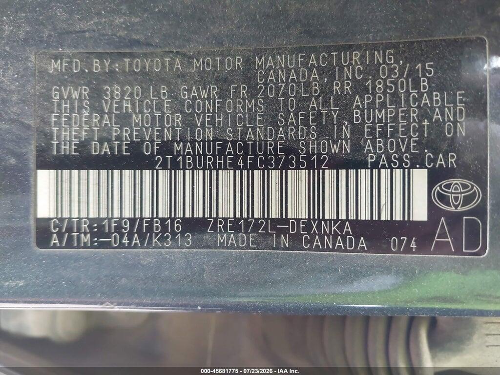 2T1BURHE4FC373512 2015 TOYOTA COROLLA photo no. 9