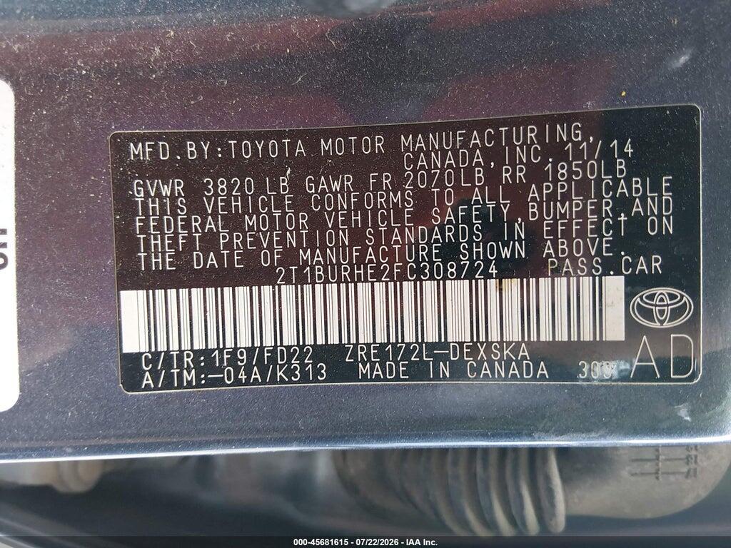 2T1BURHE2FC308724 2015 TOYOTA COROLLA photo no. 9