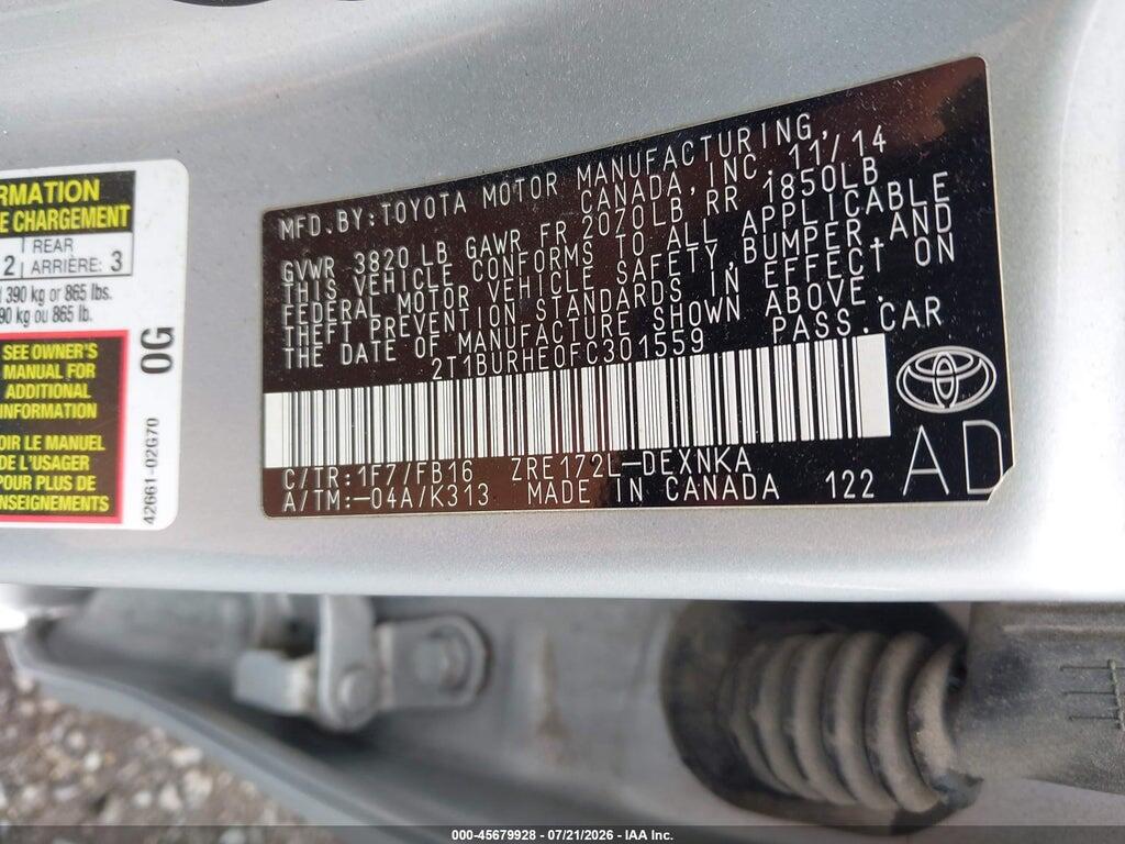 2T1BURHE0FC301559 2015 TOYOTA COROLLA photo no. 9
