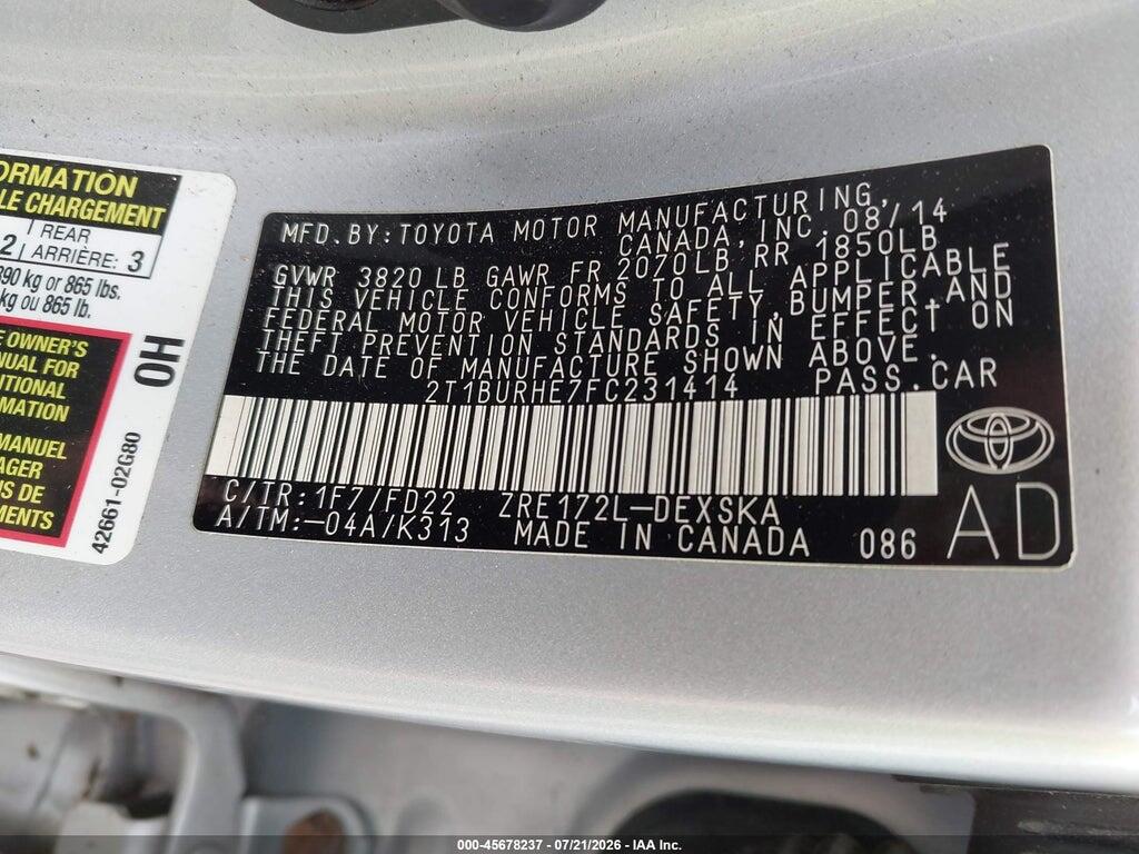 2T1BURHE7FC231414 2015 TOYOTA COROLLA photo no. 9