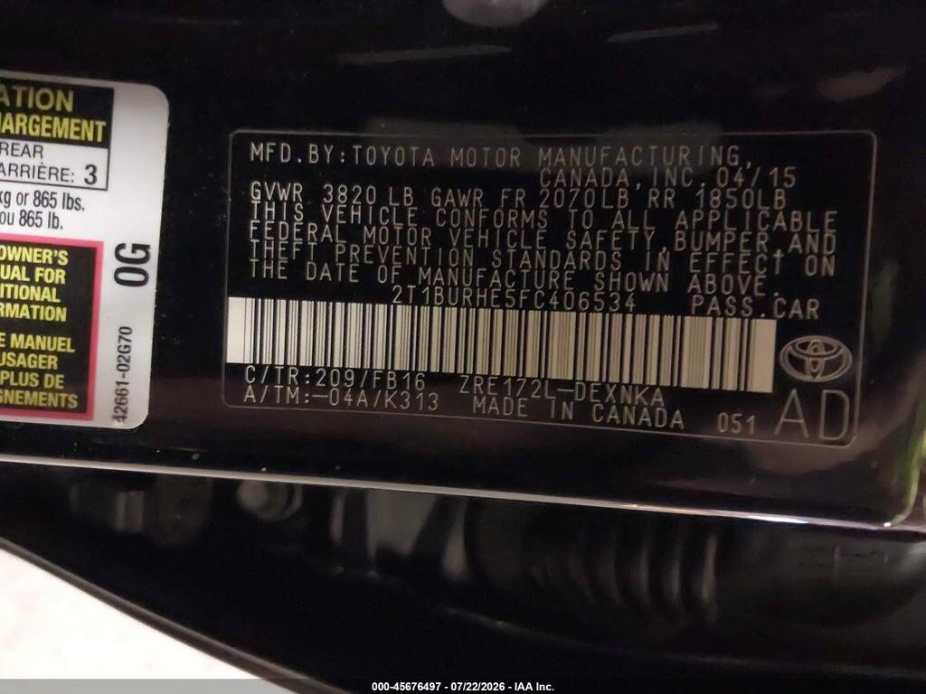 2T1BURHE5FC406534 2015 TOYOTA COROLLA photo no. 9