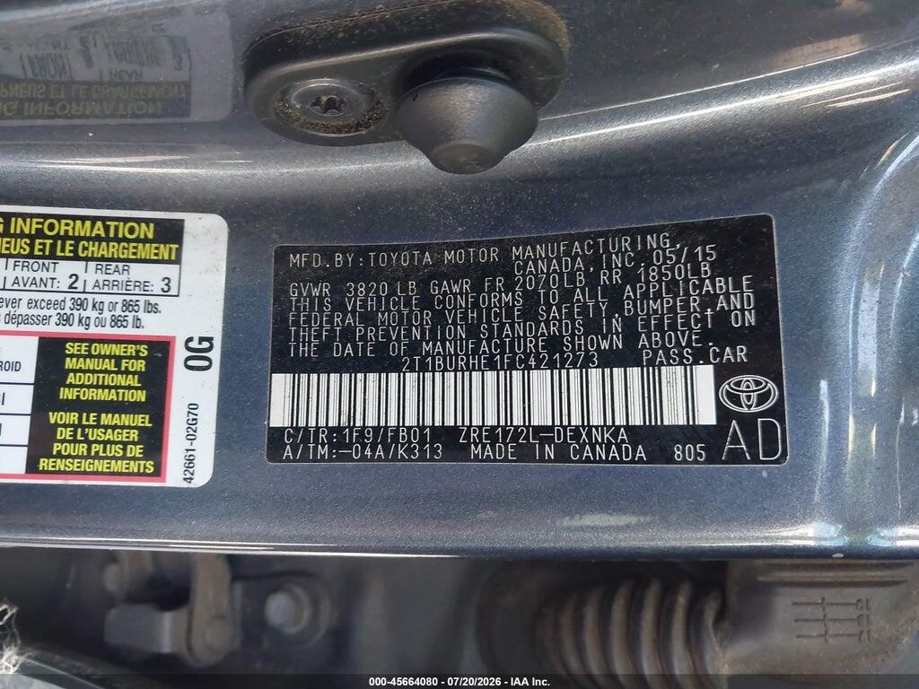 2T1BURHE1FC421273 2015 TOYOTA COROLLA photo no. 9