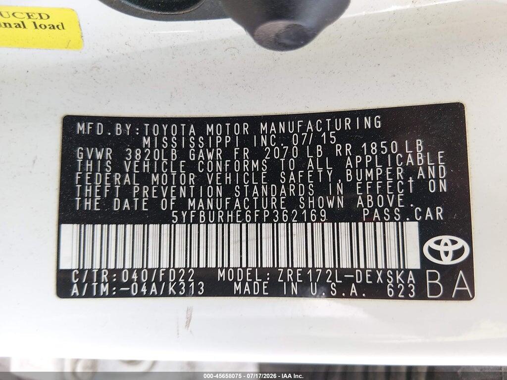 5YFBURHE6FP362169 2015 TOYOTA COROLLA photo no. 9