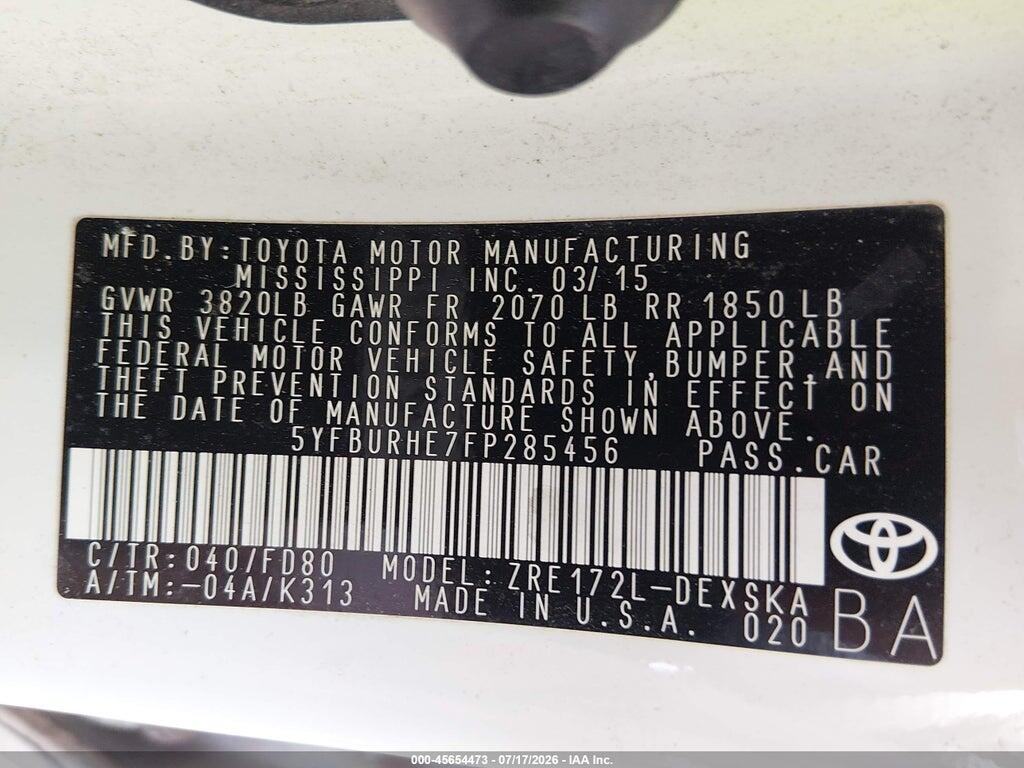 5YFBURHE7FP285456 2015 TOYOTA COROLLA photo no. 9