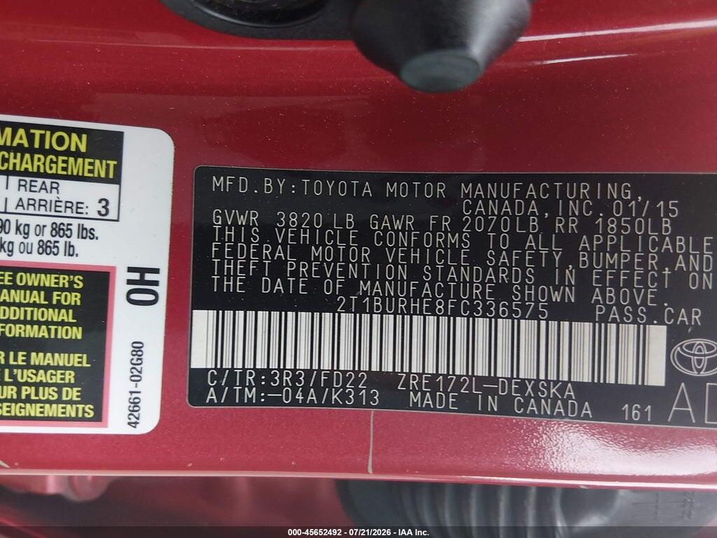 2T1BURHE8FC336575 2015 TOYOTA COROLLA photo no. 9