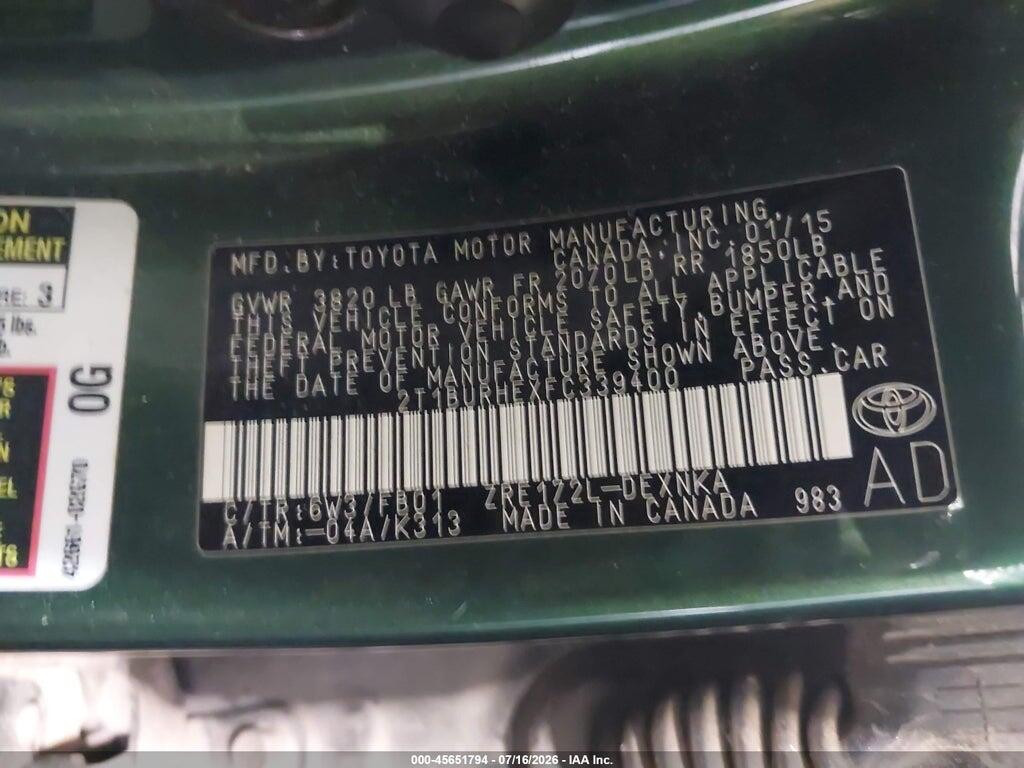 2T1BURHEXFC339400 2015 TOYOTA COROLLA photo no. 9