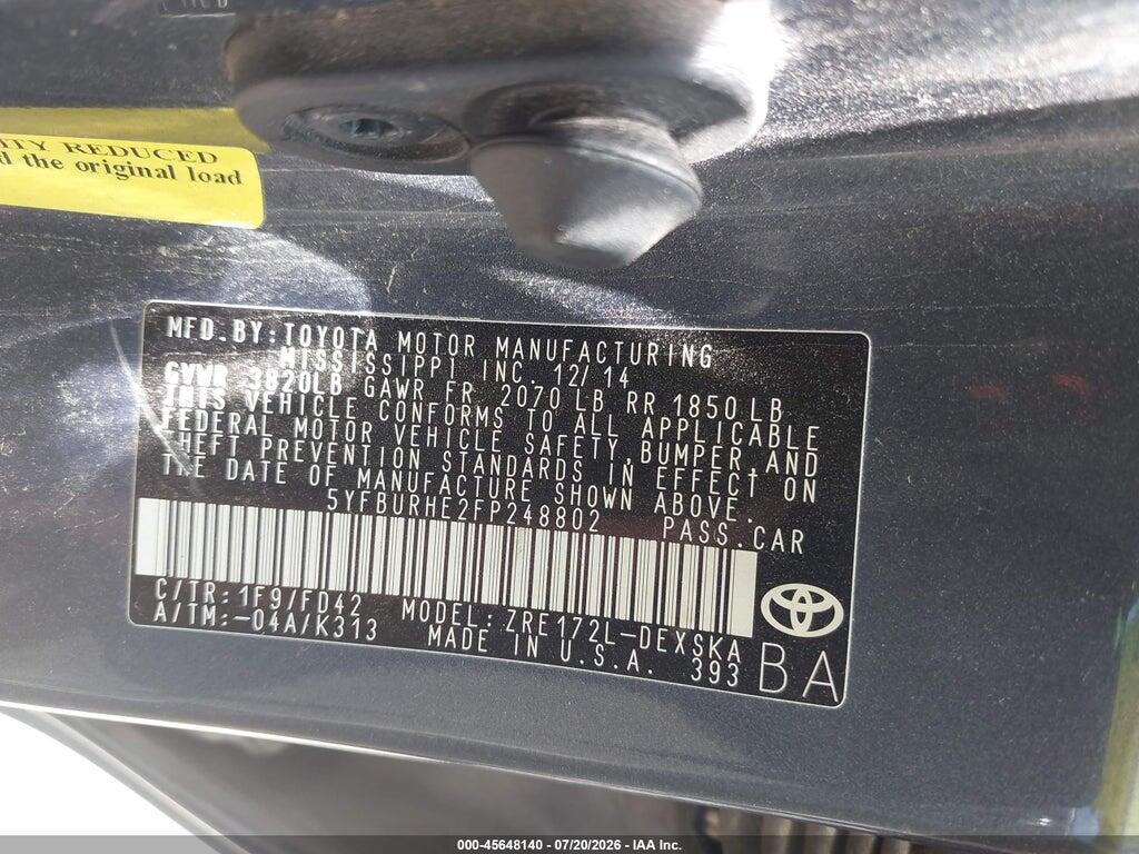 5YFBURHE2FP248802 2015 TOYOTA COROLLA photo no. 9