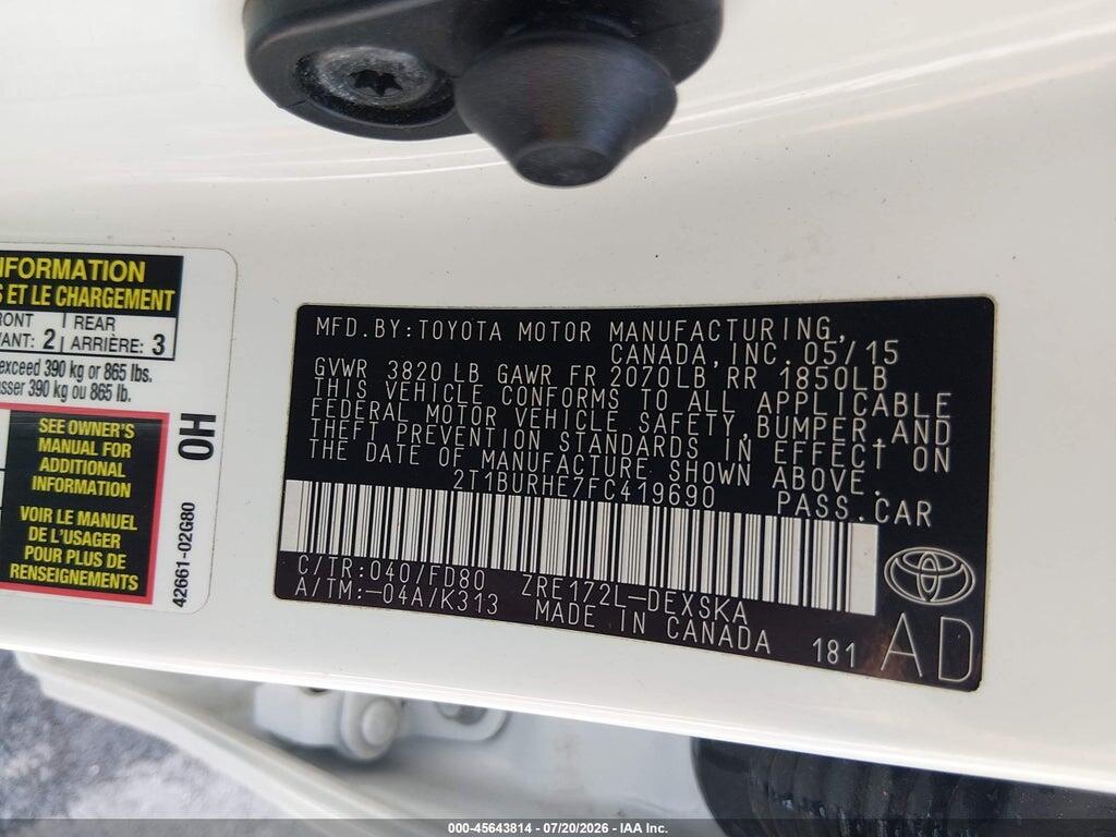 2T1BURHE7FC419690 2015 TOYOTA COROLLA photo no. 8