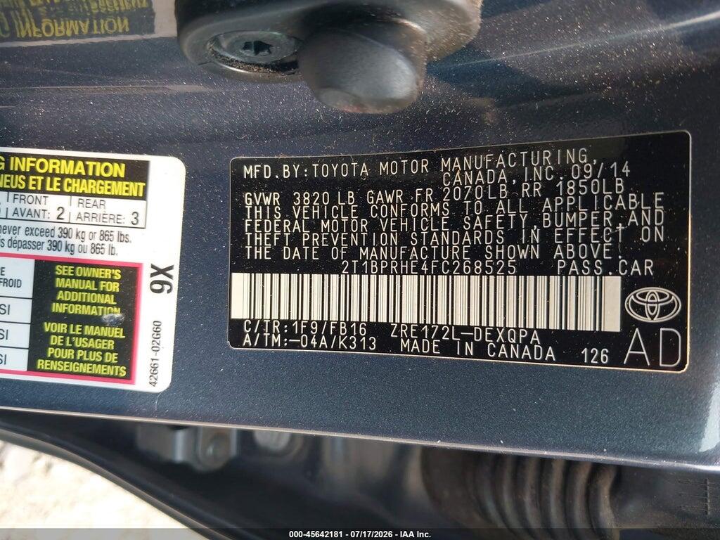 2T1BPRHE4FC268525 2015 TOYOTA COROLLA photo no. 9