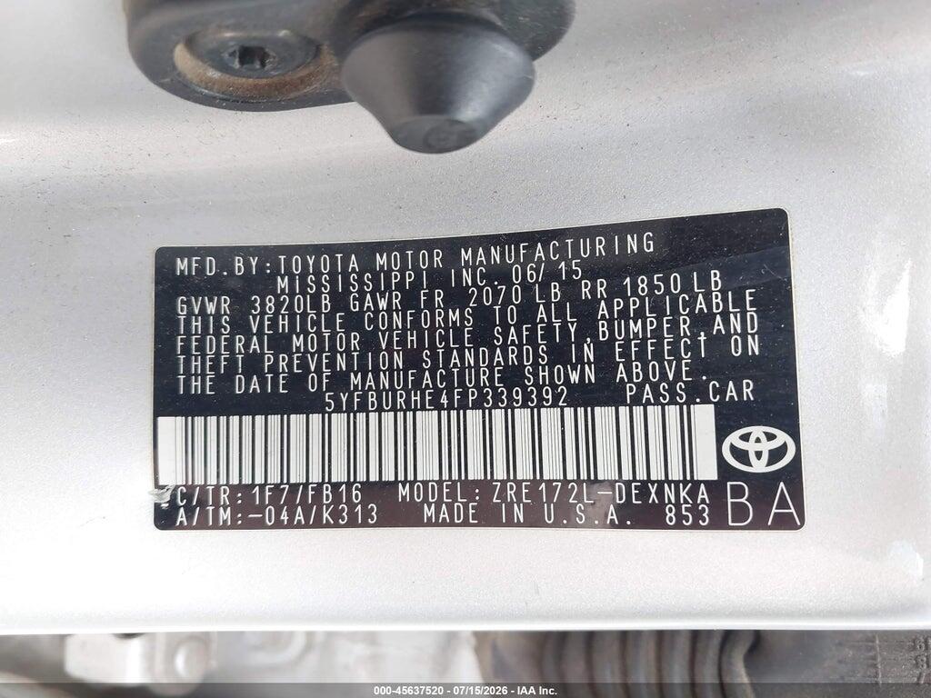 5YFBURHE4FP339392 2015 TOYOTA COROLLA photo no. 9