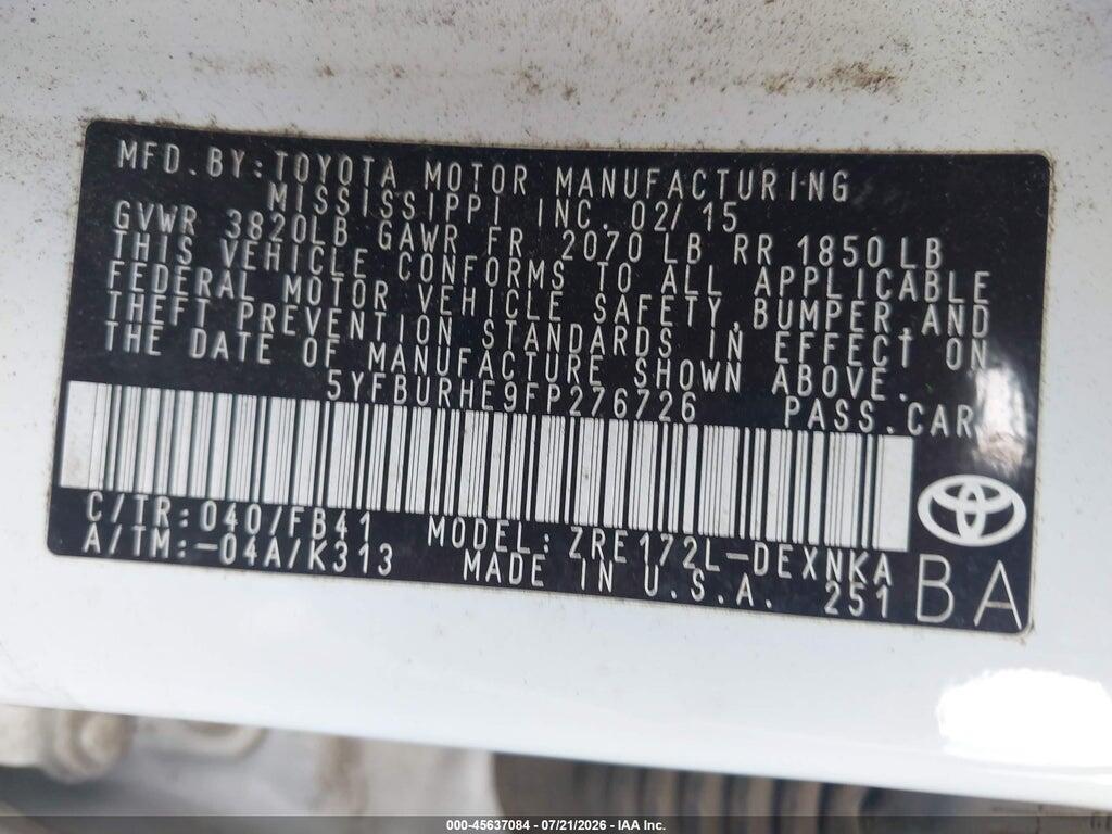 5YFBURHE9FP276726 2015 TOYOTA COROLLA photo no. 9