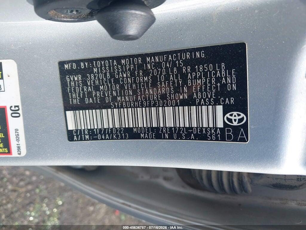 5YFBURHE9FP302001 2015 TOYOTA COROLLA photo no. 9